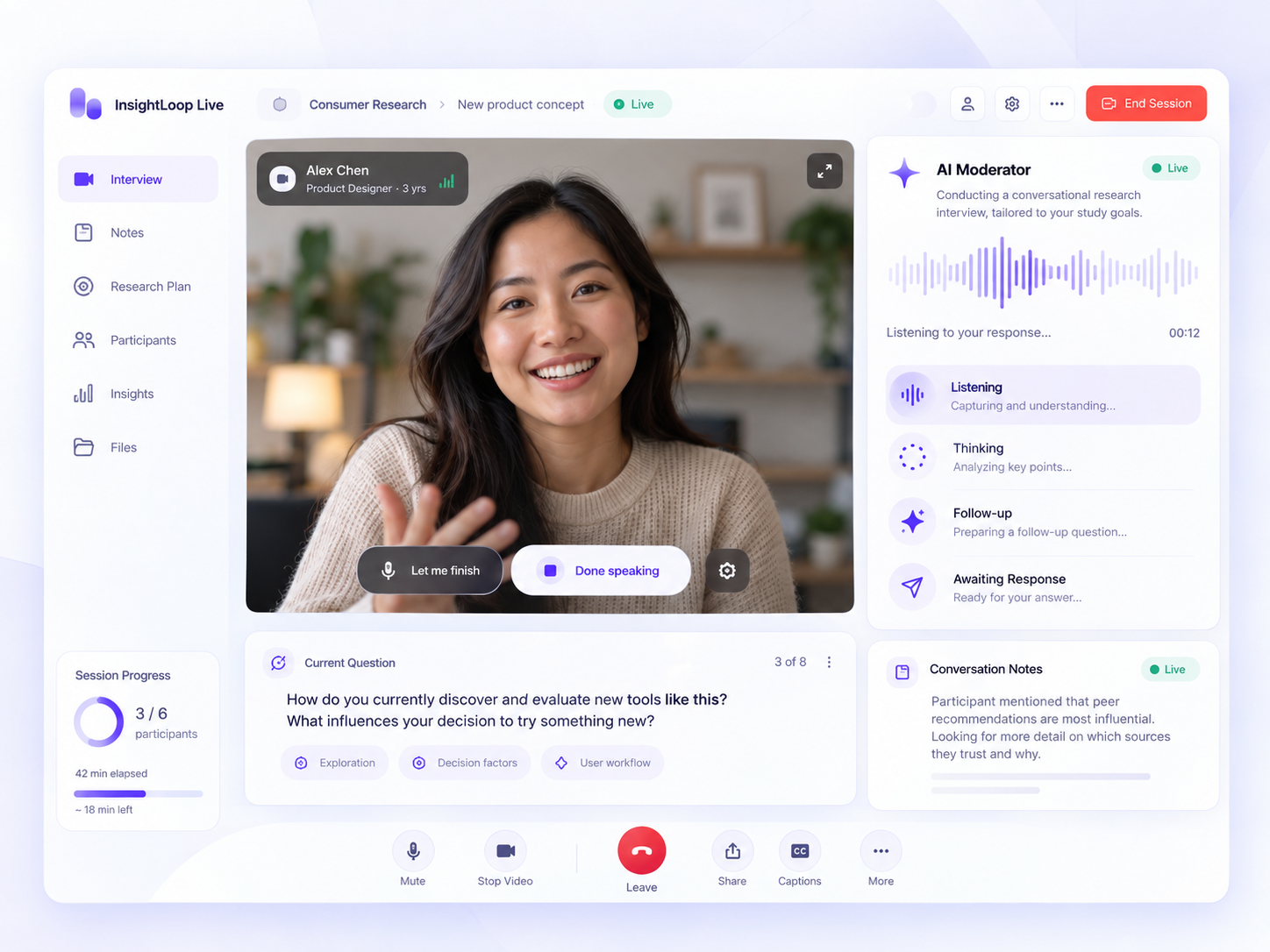 Original AI-moderated research interview interface concept