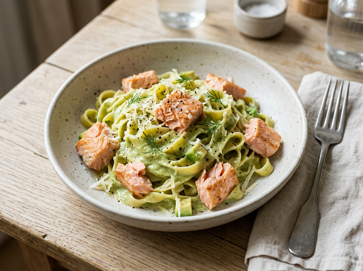Laxpasta med avokado- och parmesankräm — receptbild