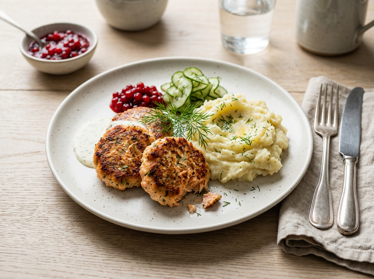 Swedish-Style Salmon Patties with Creamy Potato Mash — recipe photo