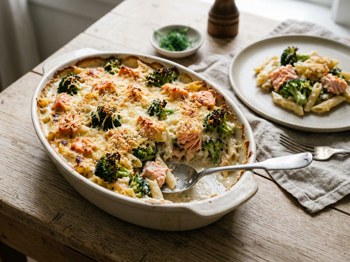 Salmon and Broccoli Pasta Gratin — recipe photo