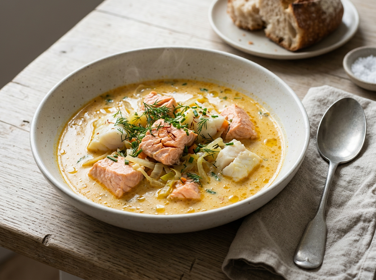 Creamy Saffron Fish Soup with Salmon and Cod — recipe photo