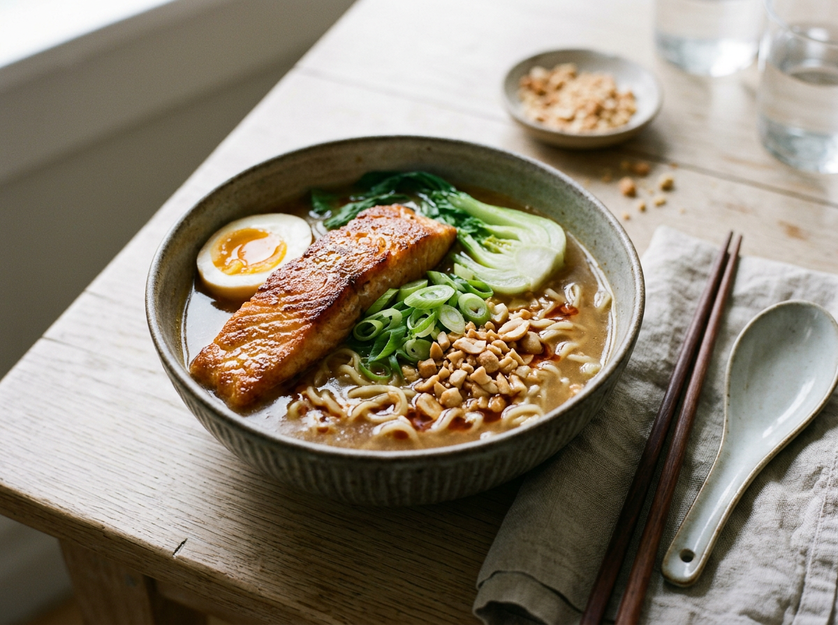 Ramen with Crispy Salmon and Peanuts — recipe photo