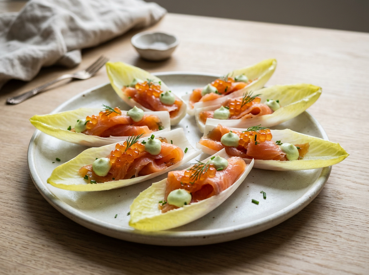 Endive with Salmon, Wasabi Cream and Trout Roe — recipe photo