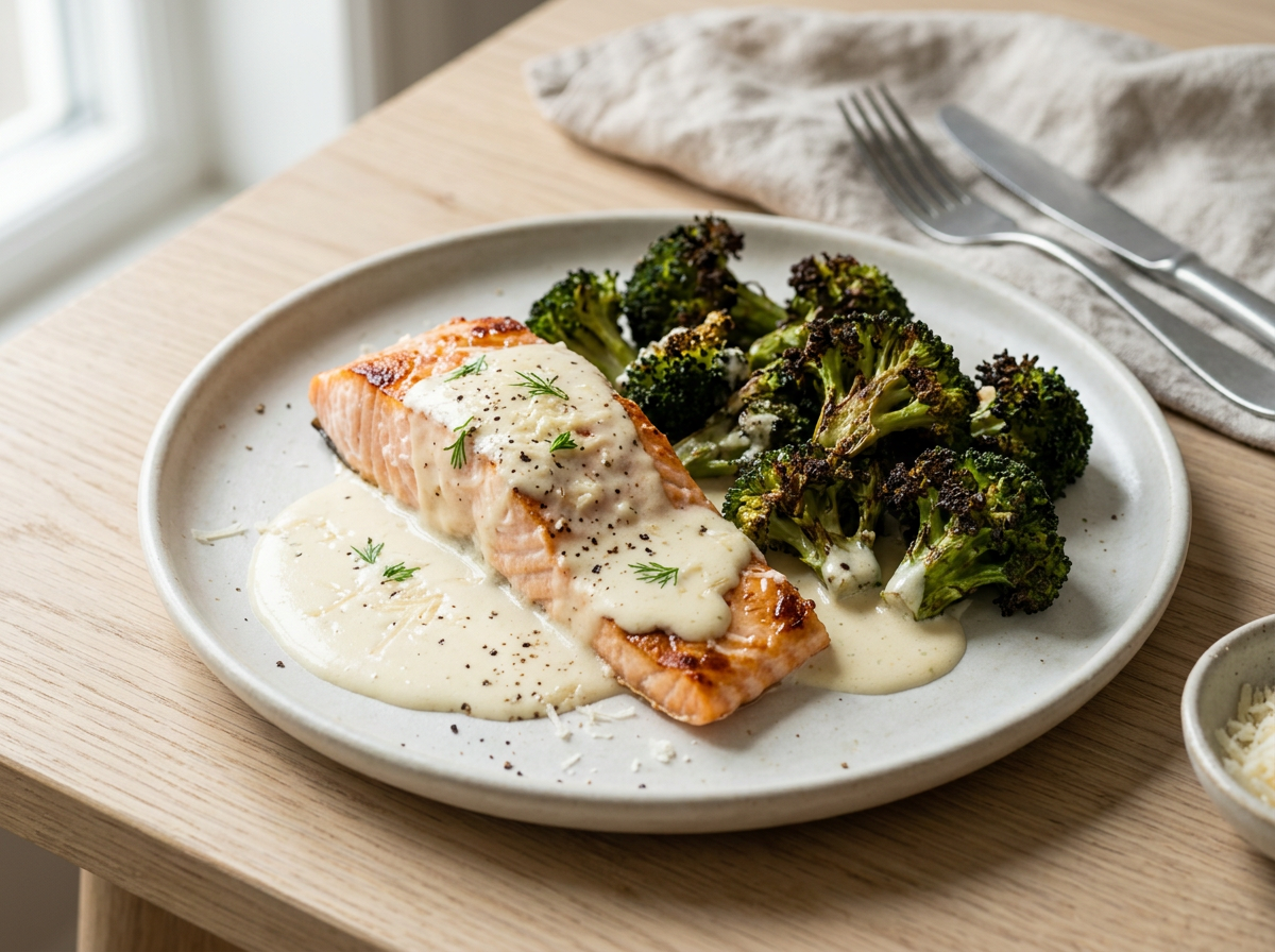Baked Salmon with Charred Broccoli and Parmesan Cream — recipe photo