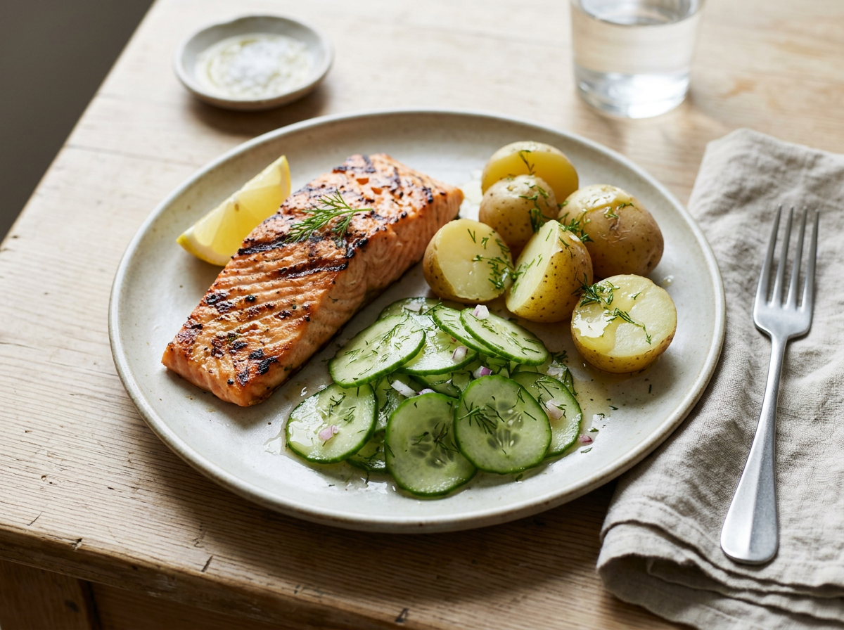 Grilled Salmon with Cucumber Salad and Potatoes — recipe photo