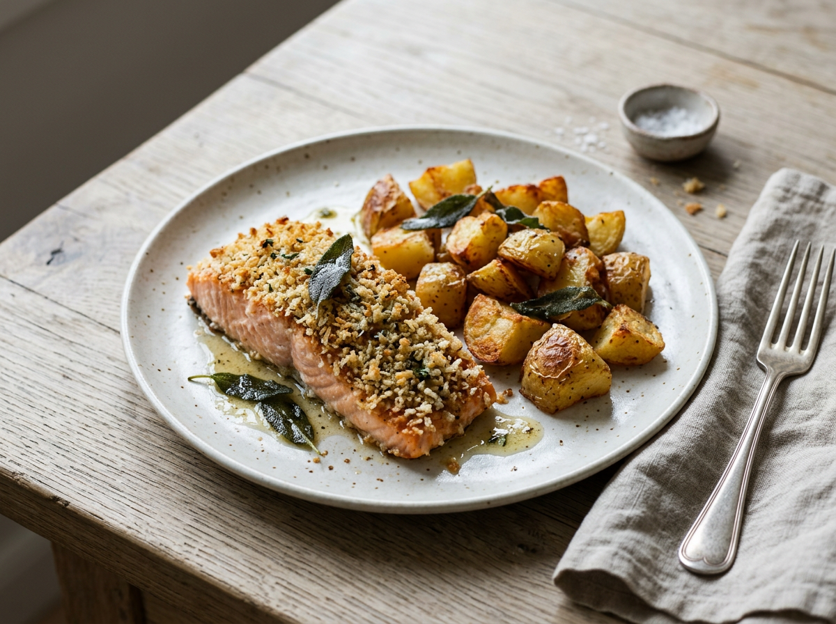 Panko-Crusted Salmon with Roast Potatoes and Sage Butter — recipe photo