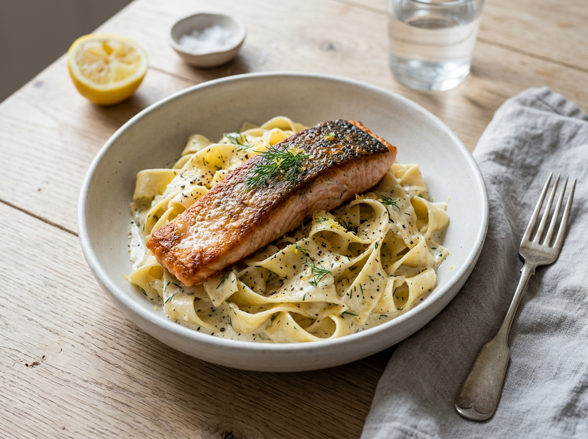 Krispig lax med krämig pappardelle — receptbild
